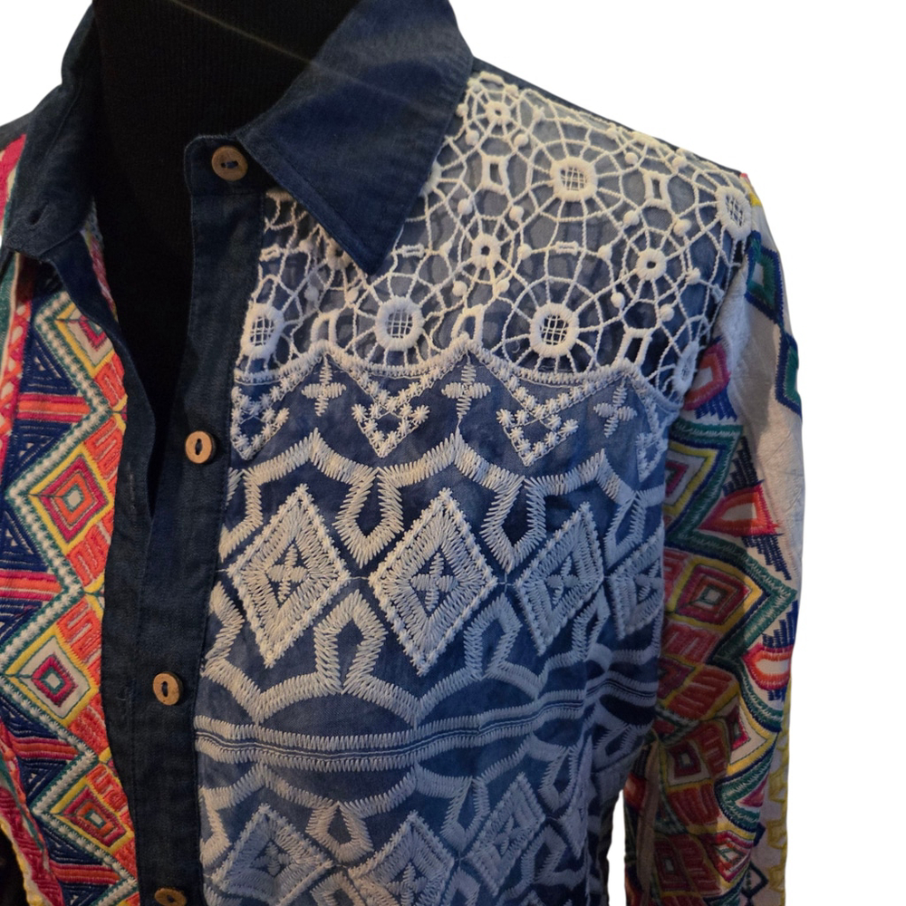 John Mark Embroidered Lace Patchwork Button-Down … - image 5